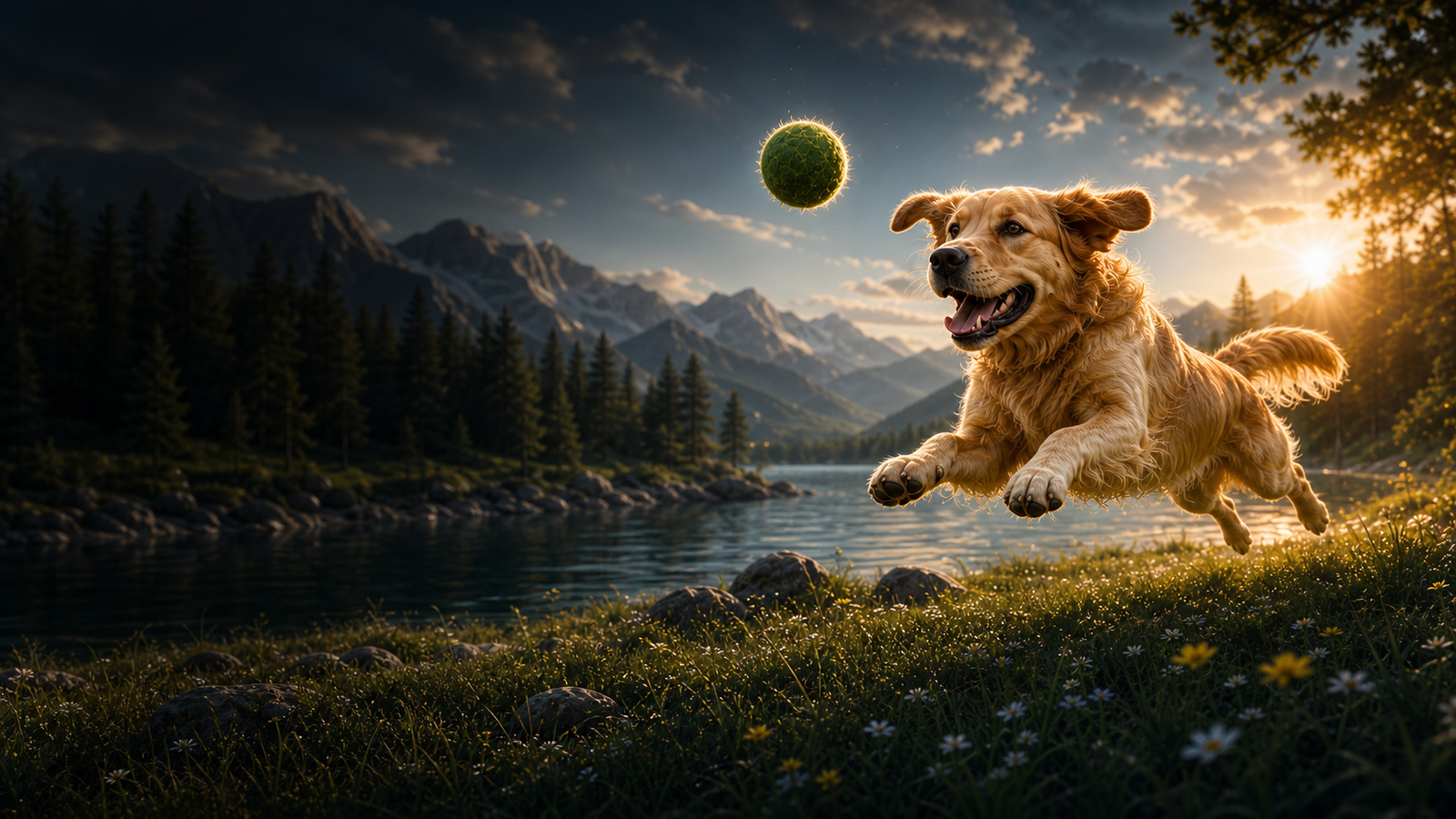 Golden retriever leaping beside an alpine river at sunset